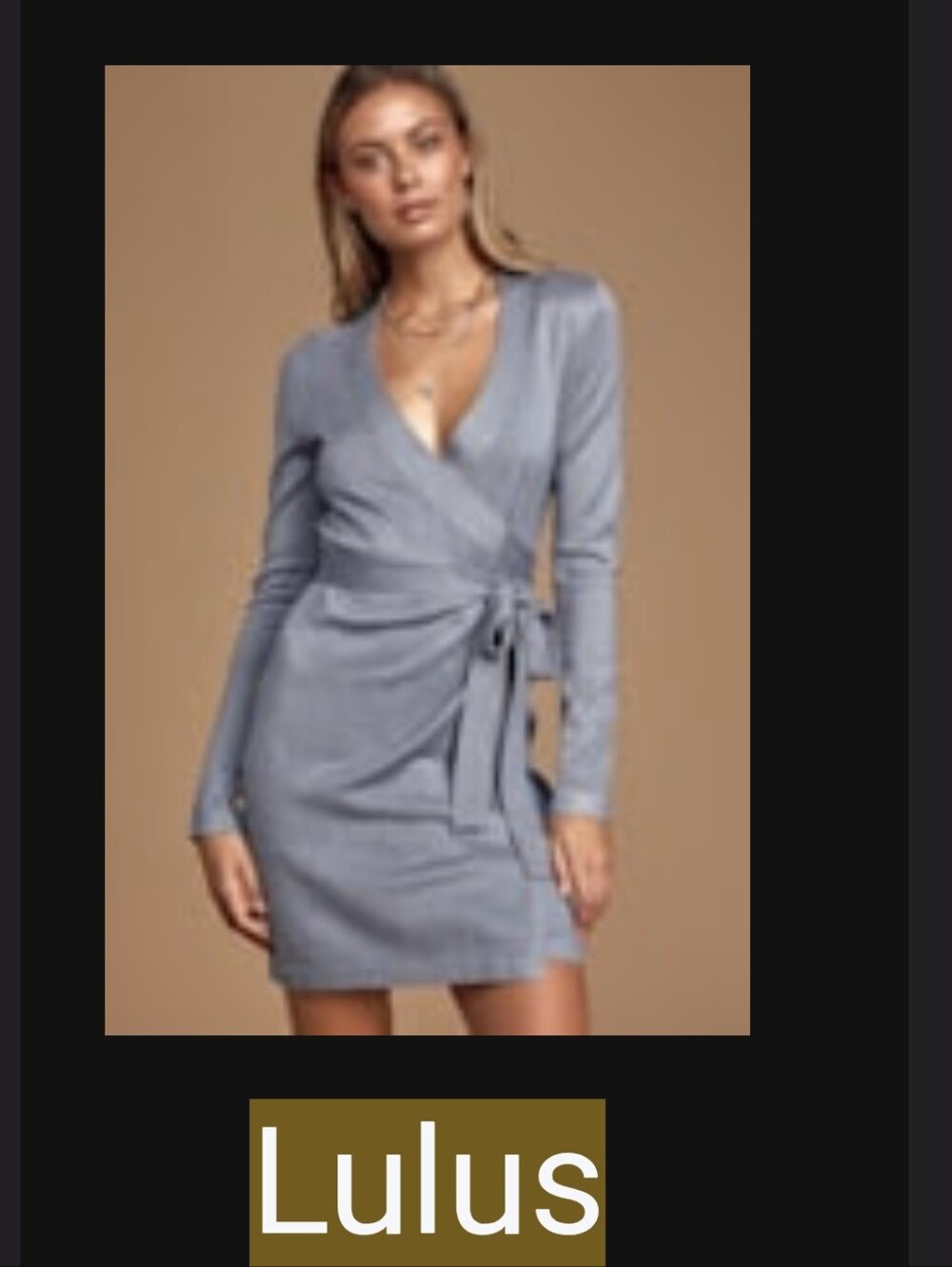 Lulu's Steel Blue Wrap Long-Sleeve Mini Dress